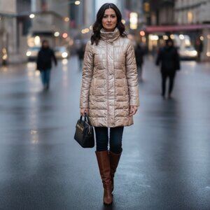 Jones New York Pearl Dual Tone Parka Jacket Coat Down Winter Cozy Tan Pockets M